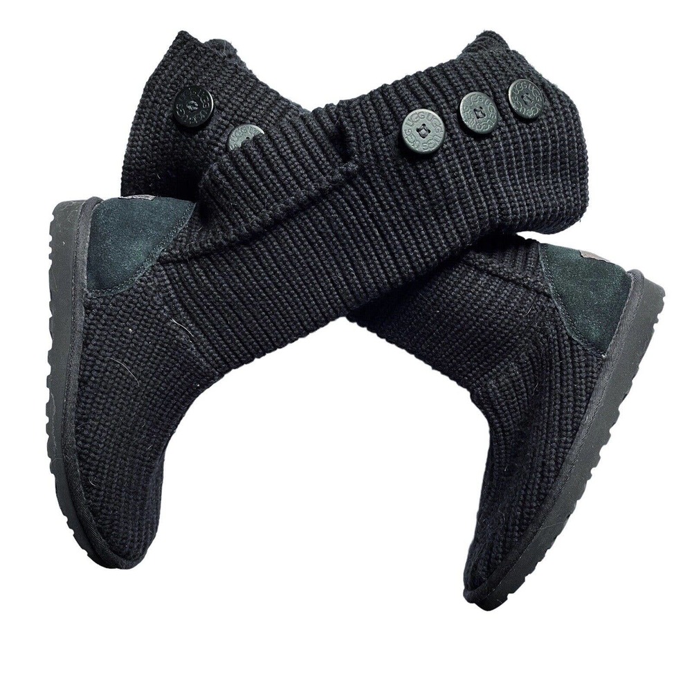 UGG Classic Cardy BLACK Size 8 Tall Knit Sheepskin Sole Boots Wear 2 Ways 5819